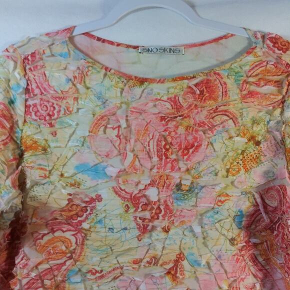 Sno Skins Crinkle Multi Color 3/4 Sleeve Vintage Y2K Top Size L - Picture 3 of 8